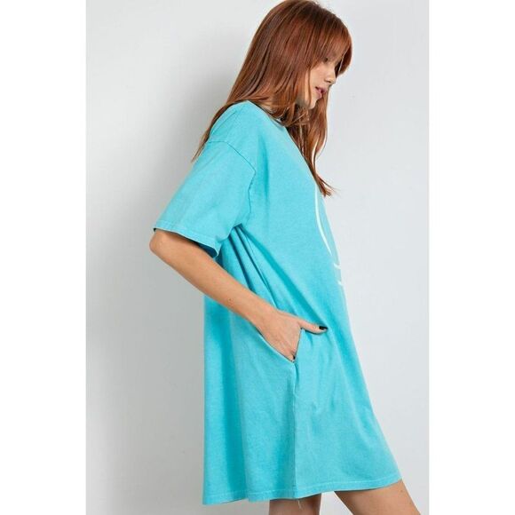 Easel Womens Smiley Face Happy Oversized Dress Top in Turquoise Blue S-L ED18419 - Picture 4 of 5